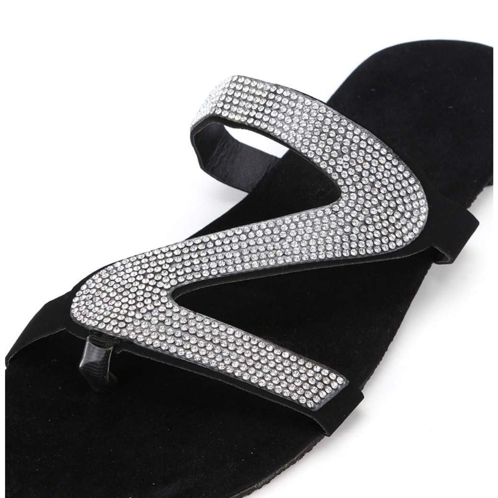 Flat Sandals Womens Size 8 Black New Rhinestone Embellished Thong Slide Sparkly